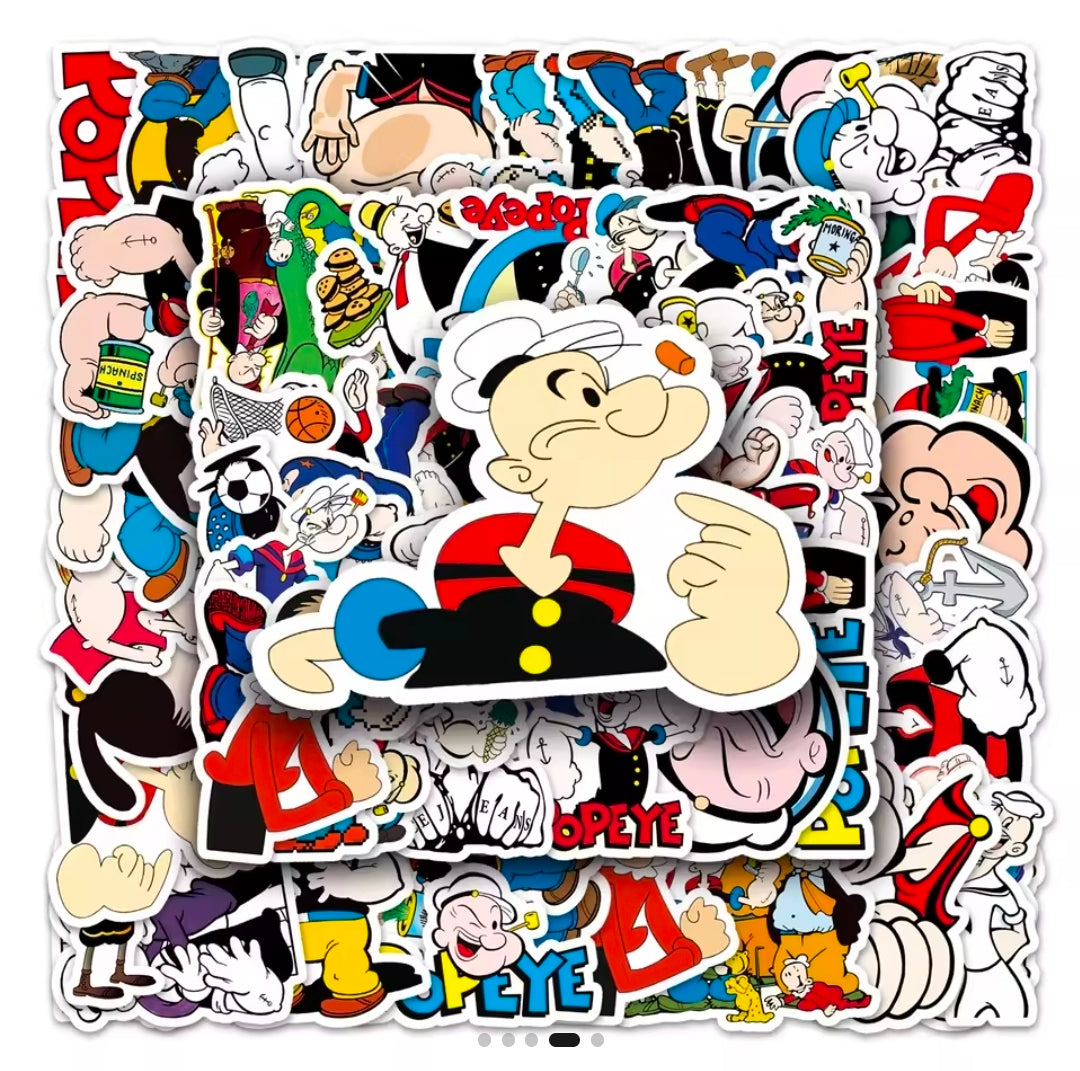 Popeye vinyl sticker pack with mixed retro cartoon character decals, assorted poses