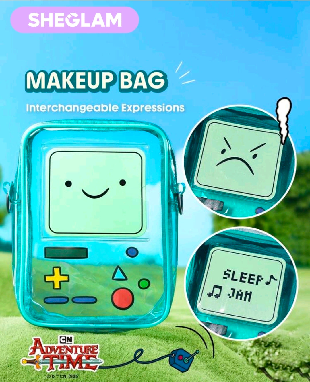 Transparent teal crossbody bag with front smile expression and interchangeable face panels.