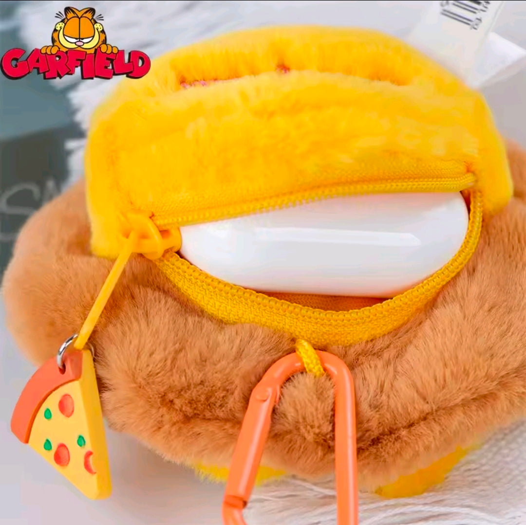 Garfield pizza plush coin pouch keychain with orange zipper and open earbud pocket
