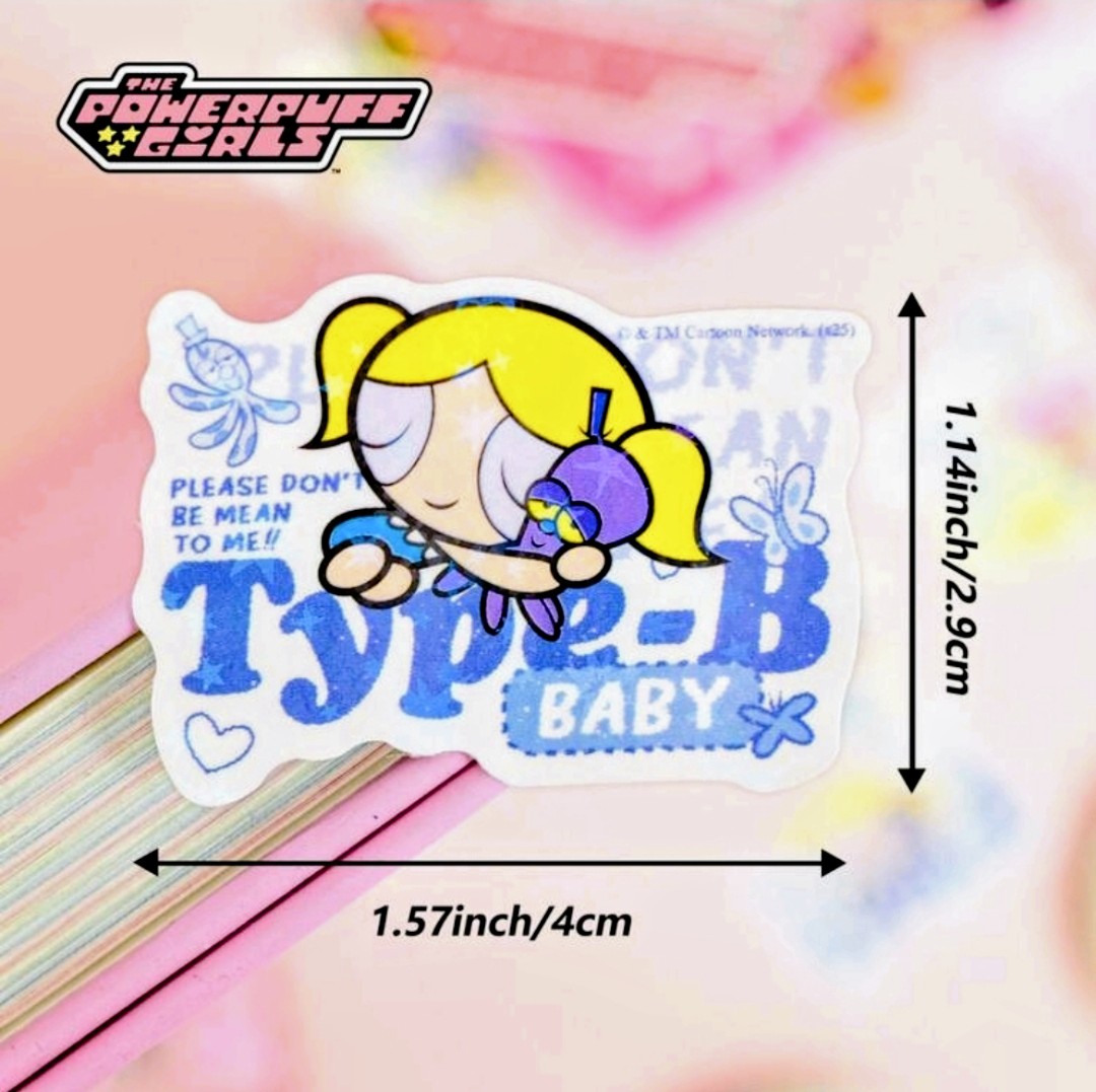 Single holographic glitter sticker of cartoon character with blue text accents, kid-sized