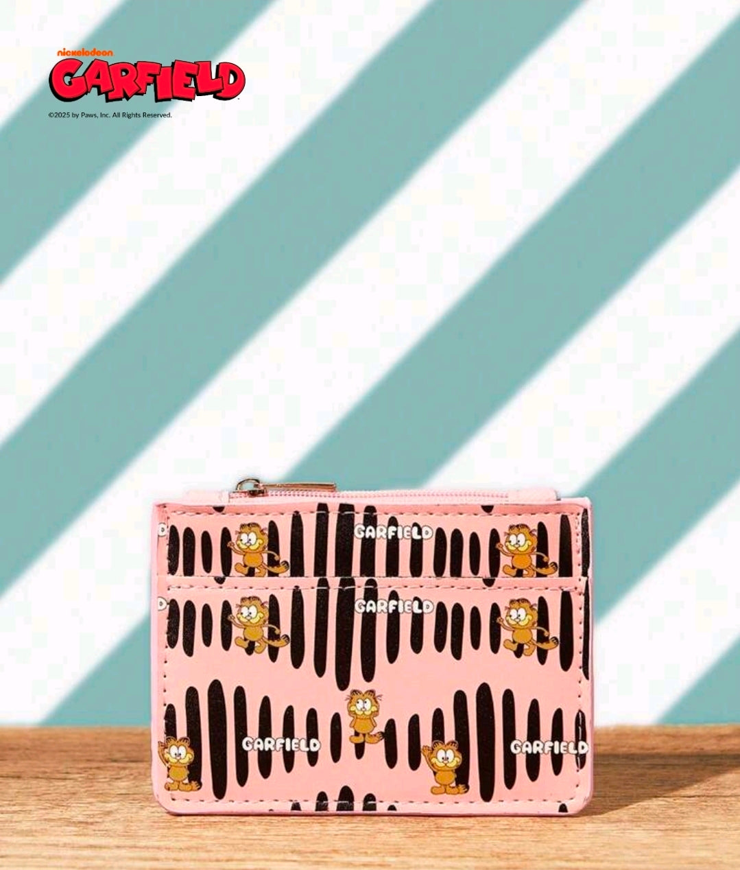 Pink rectangular zip coin purse wallet with Garfield black stripe print, gold zipper.