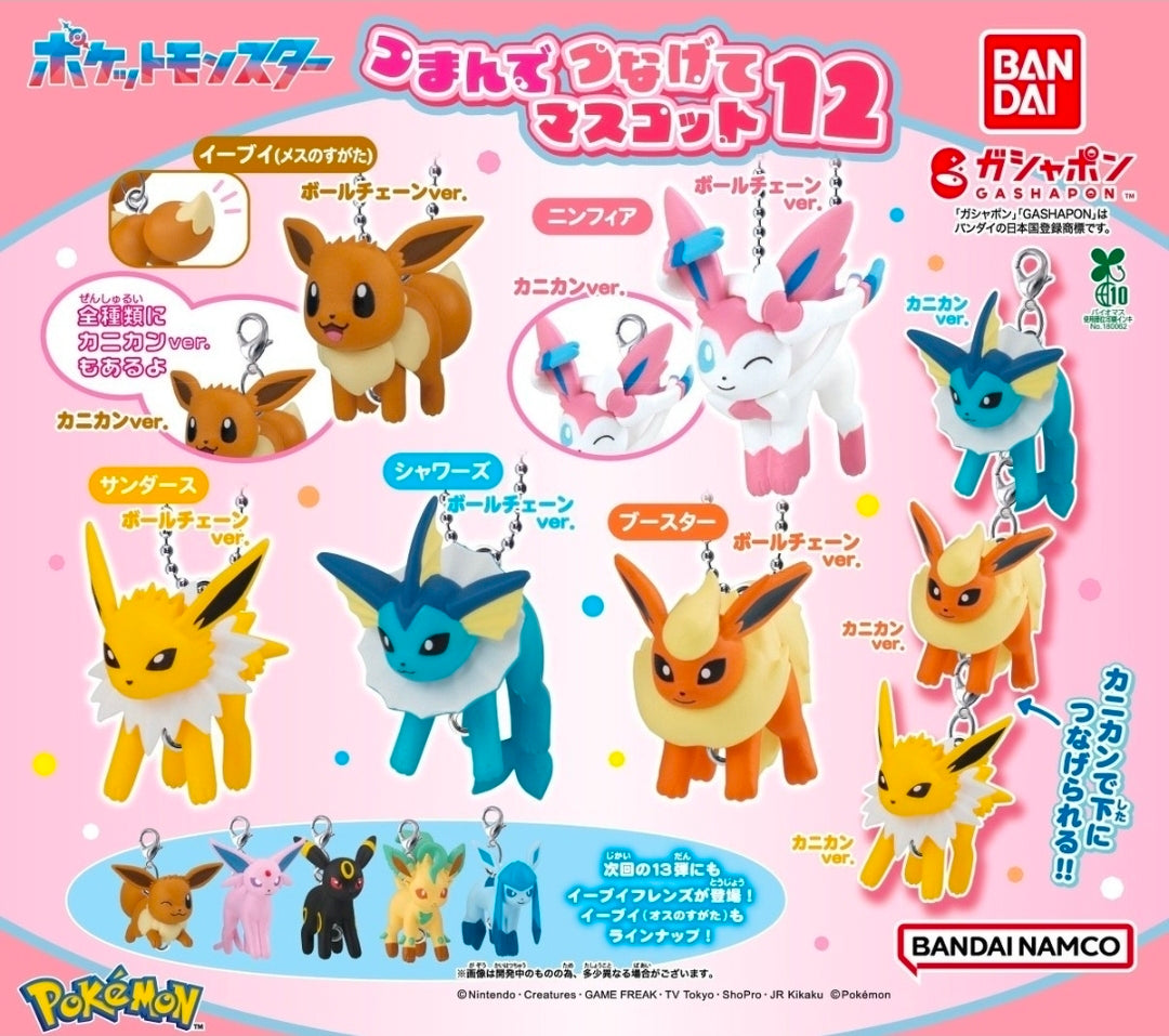 Pokémon keychain set display box with five Eevee evolution character charms, Bandai