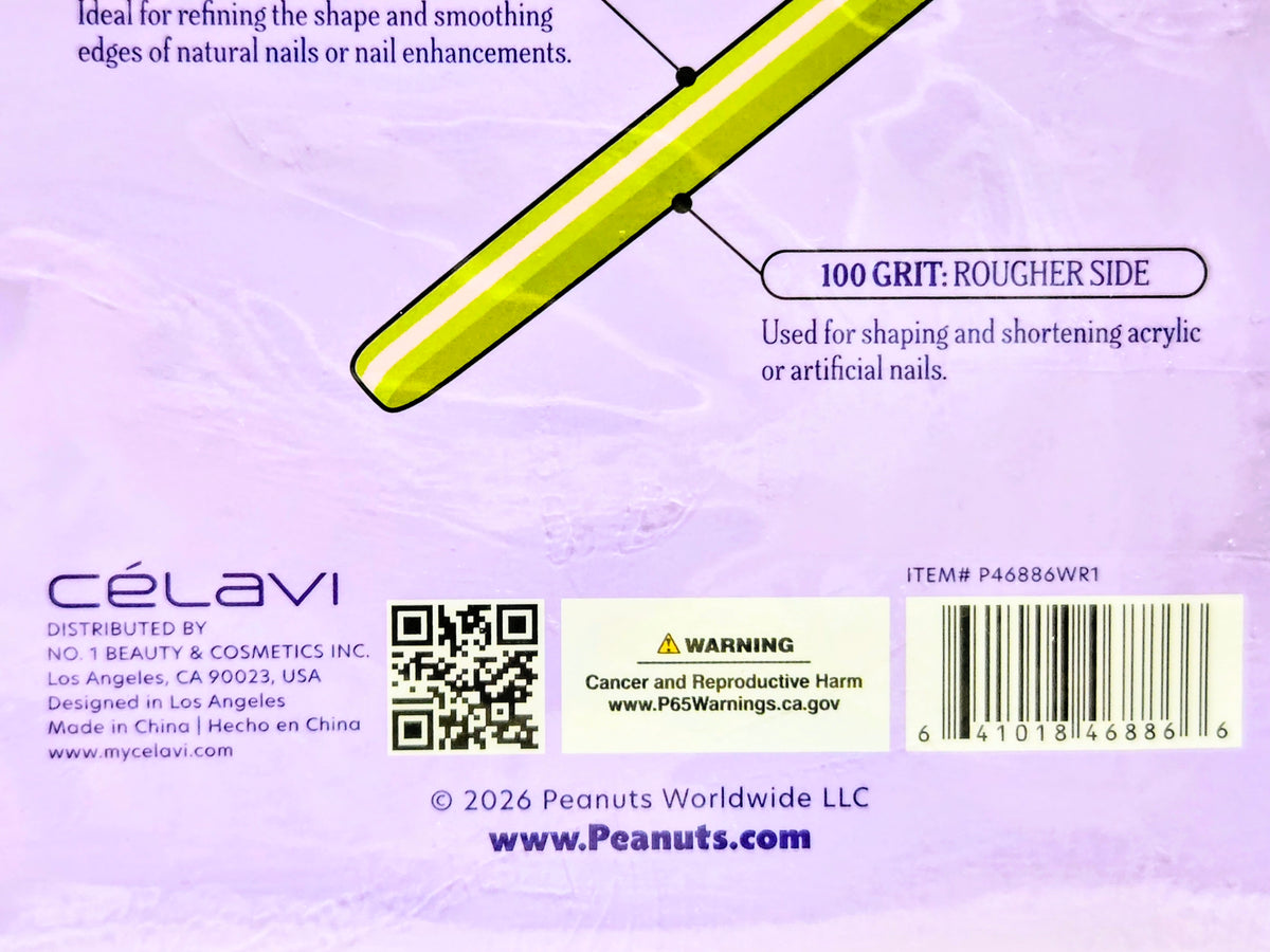 Celavi Peanuts nail file set back label with item number and barcode