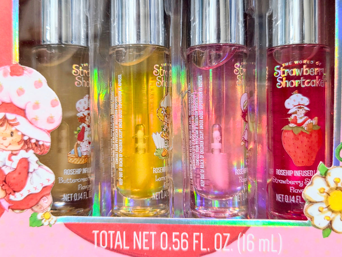 Rosehip lip oil tubes in a clear case, four tinted shades