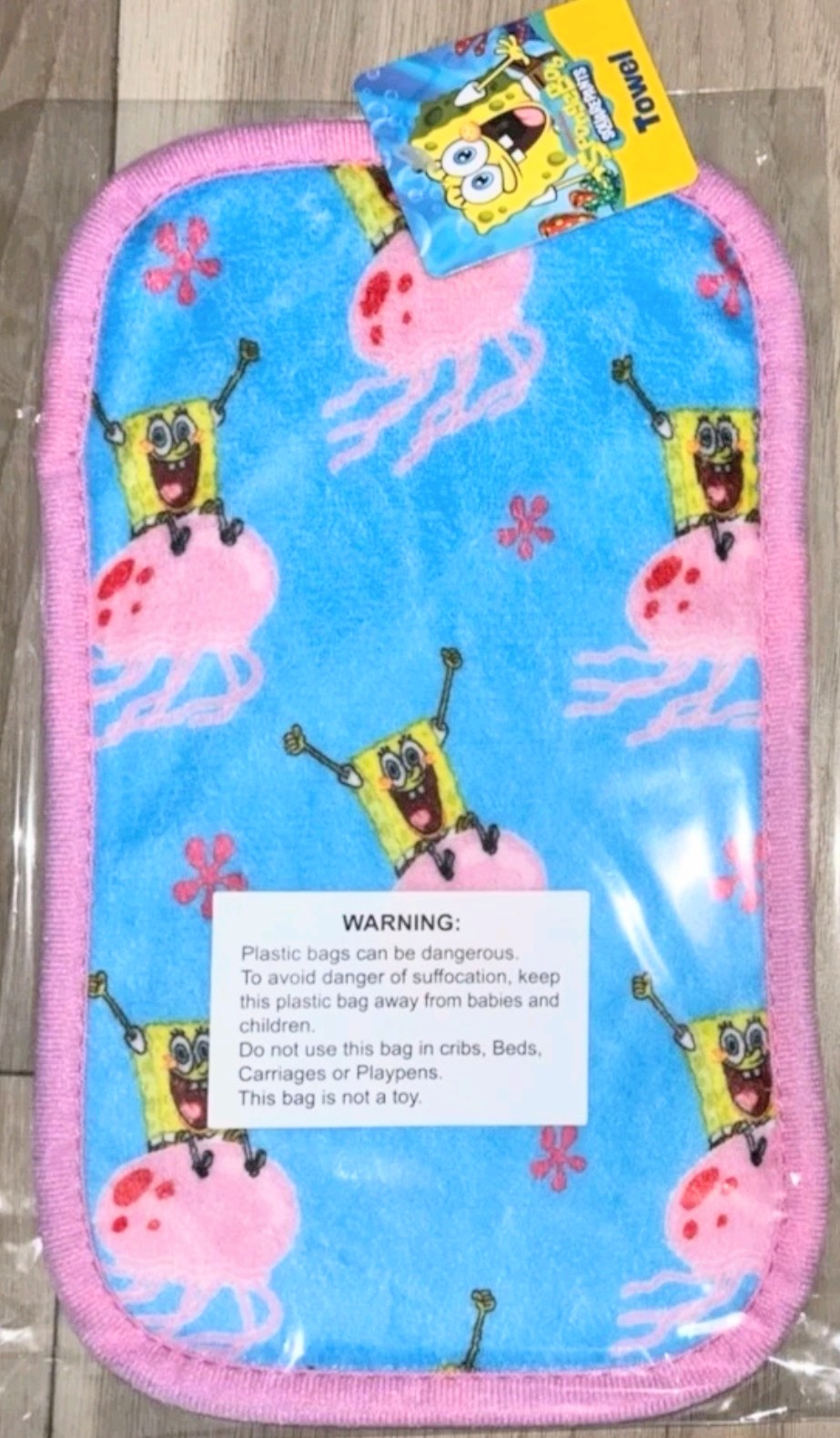 Microfiber hair towel with SpongeBob SquarePants, blue fabric with pink trim