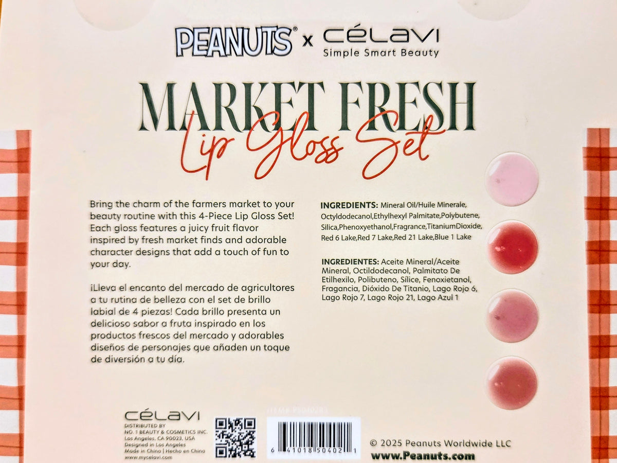Market Fresh lip gloss set box insert with 4 fruit-colored gloss circles on right