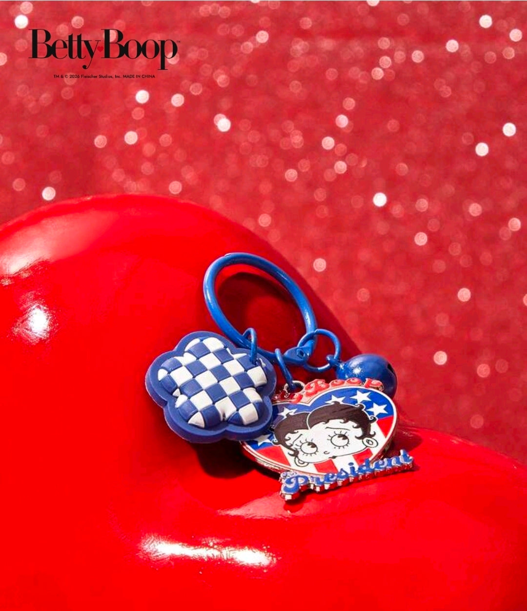 Patriotic Betty Boop enamel keychain with red-blue President heart charm and check cloud