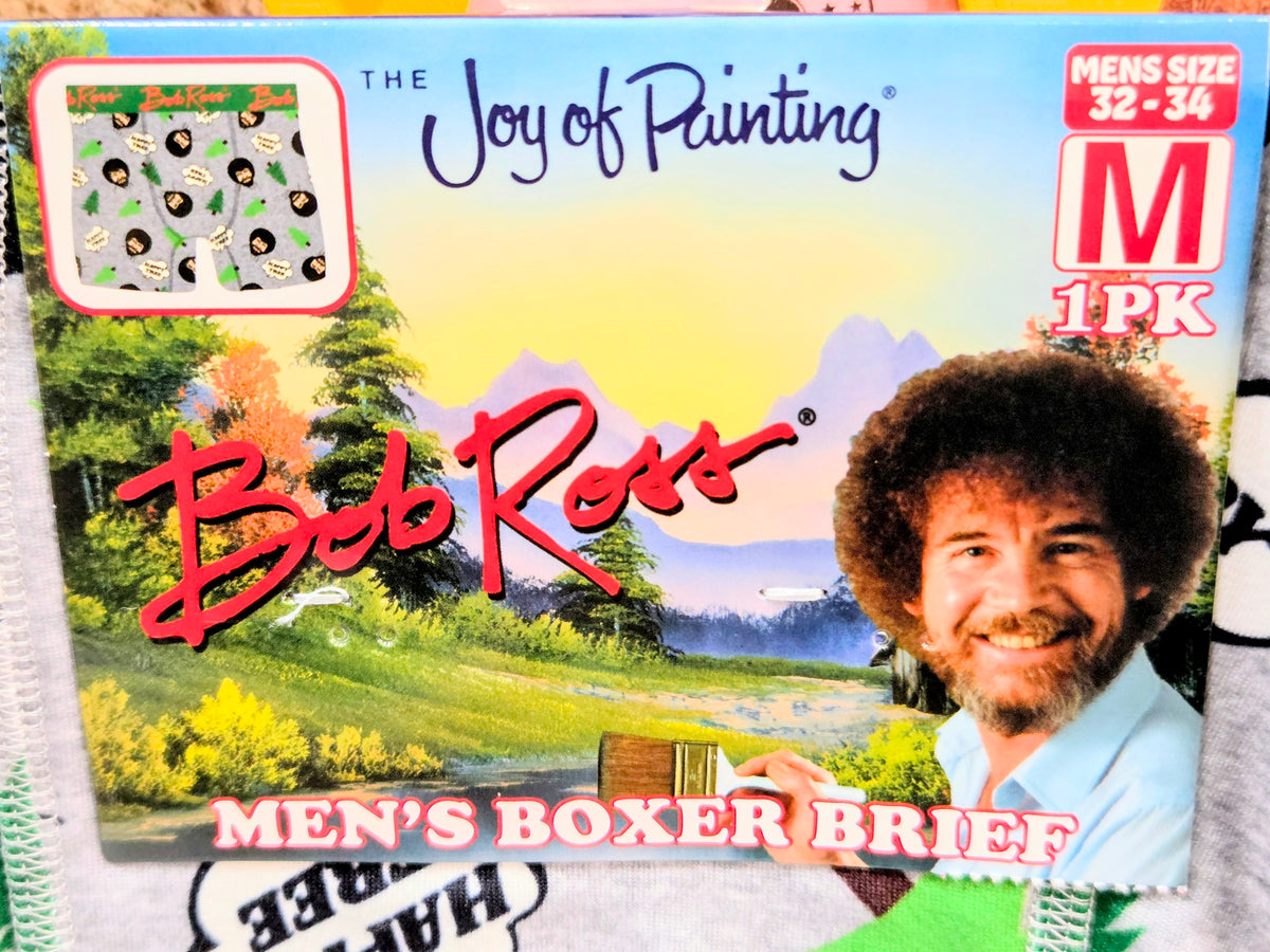 Joy of Painting men's boxer brief gift box with Bob Ross pattern and size M
