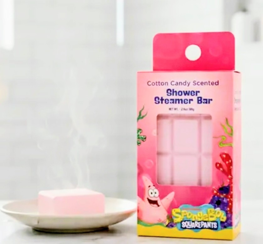 Pink shower steamer bar in SpongeBob SquarePants scented box