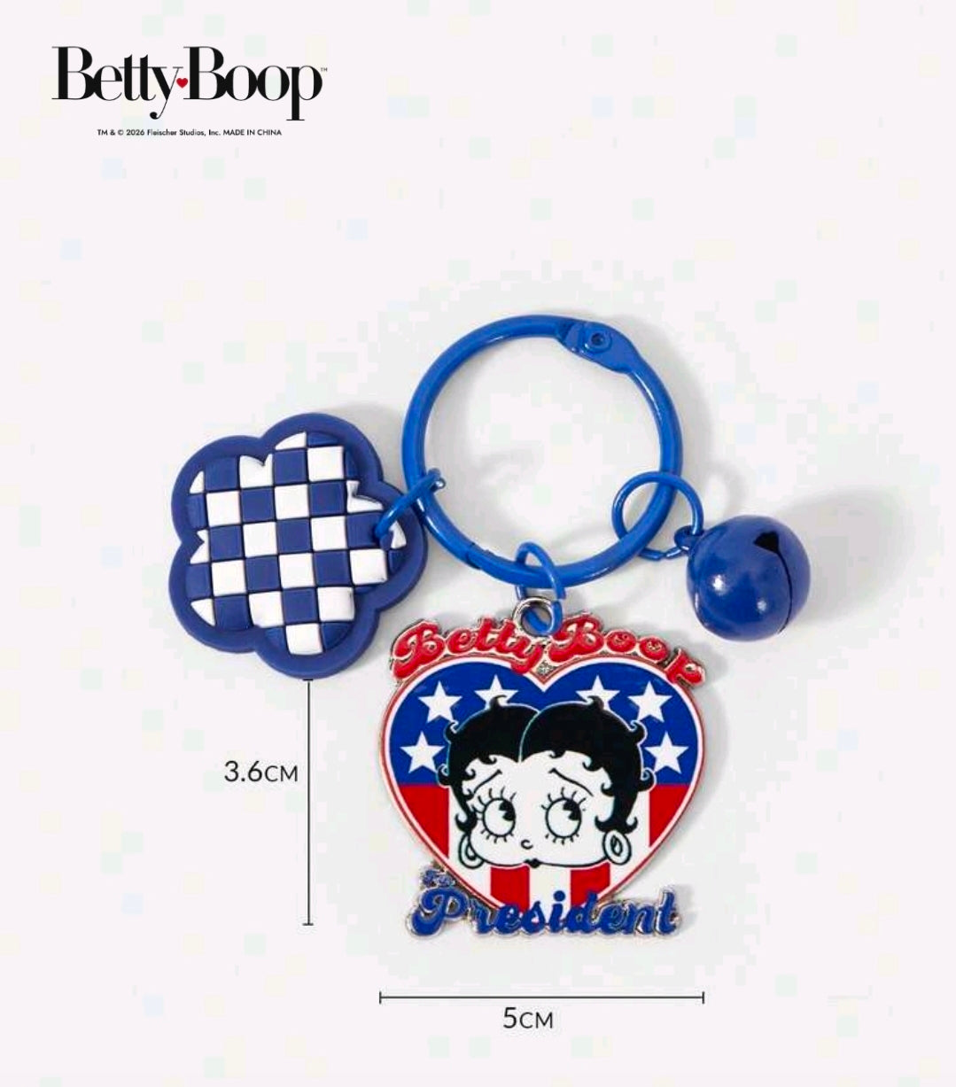 Blue loop patriotic Betty Boop enamel keychain with check heart and President badge
