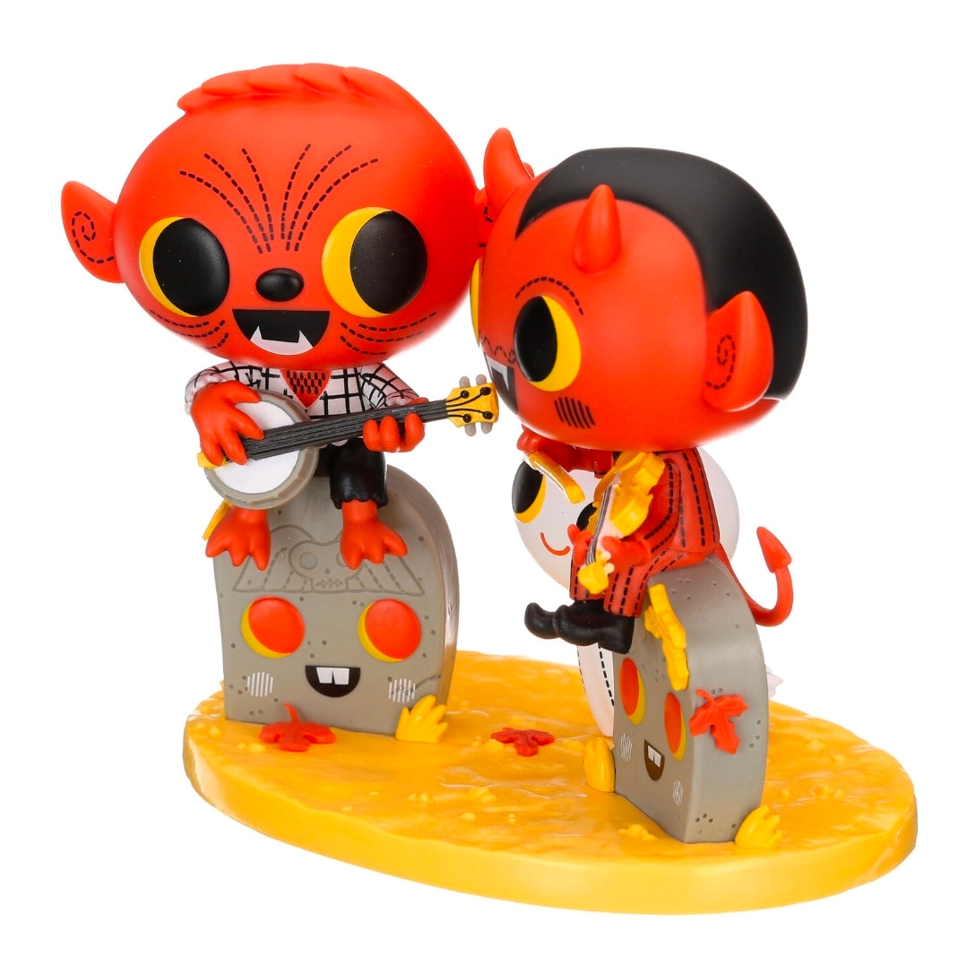 Two Boo Hollow vinyl figures with guitars on gray-faced building base