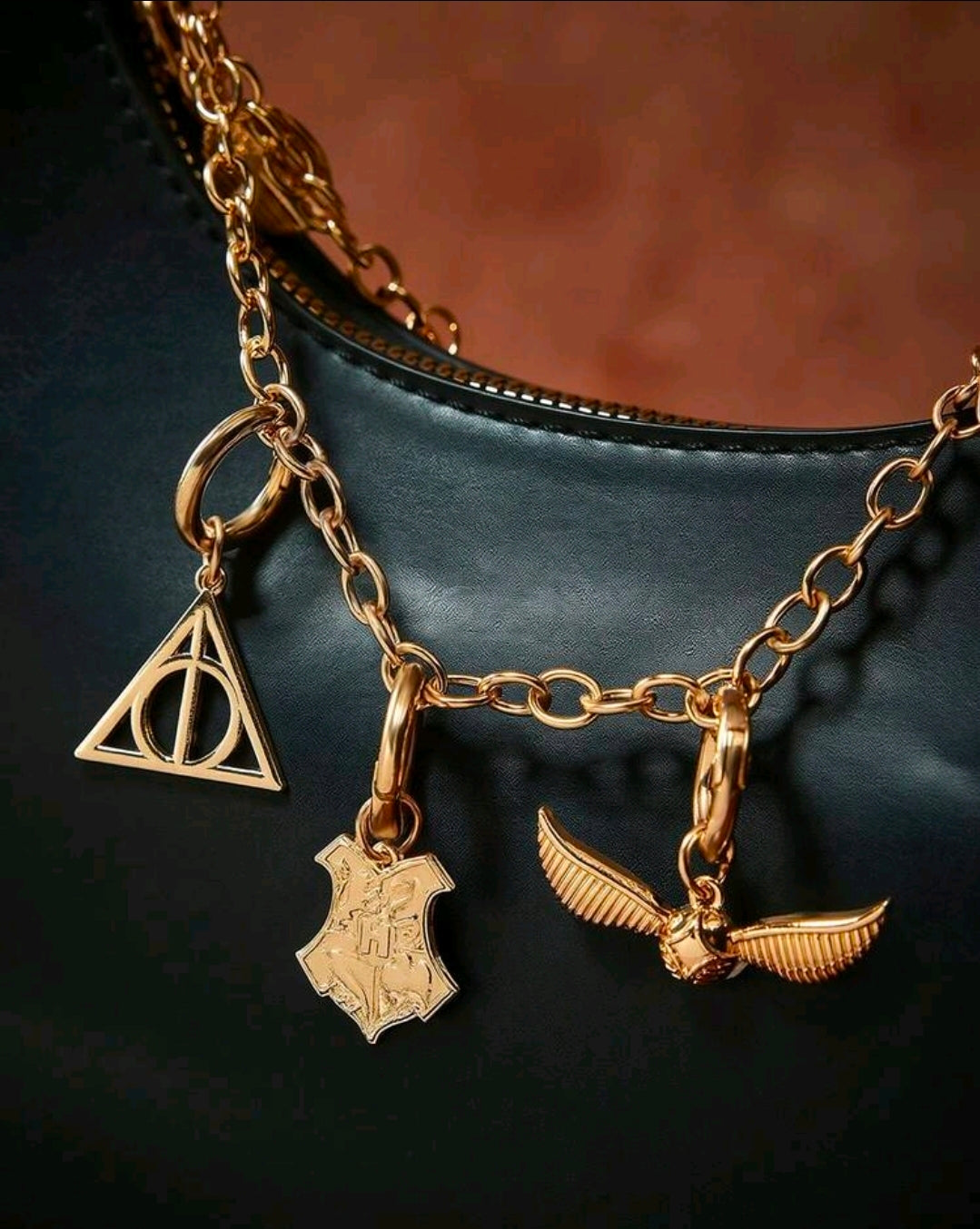 Harry Potter 3 Piece Gold Bag Charm Set Snitch Hogwarts Deathly