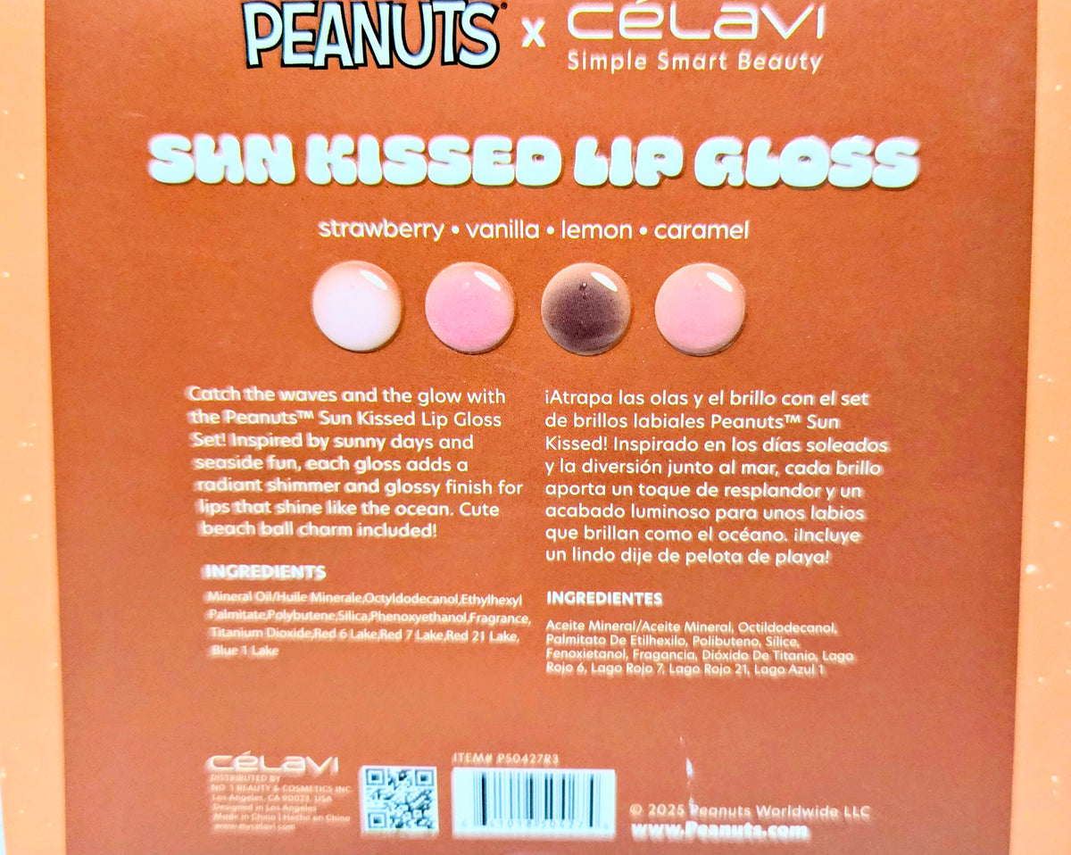 Sun kissed lip gloss box back, four shades shown with flavor names