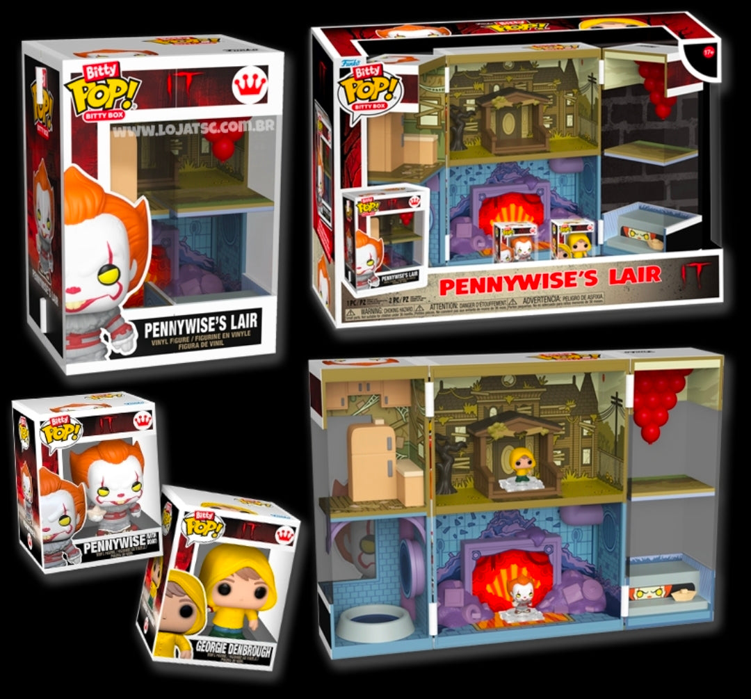 Collage of Bitty Pop! mini figure boxes and dollhouse box with interior window