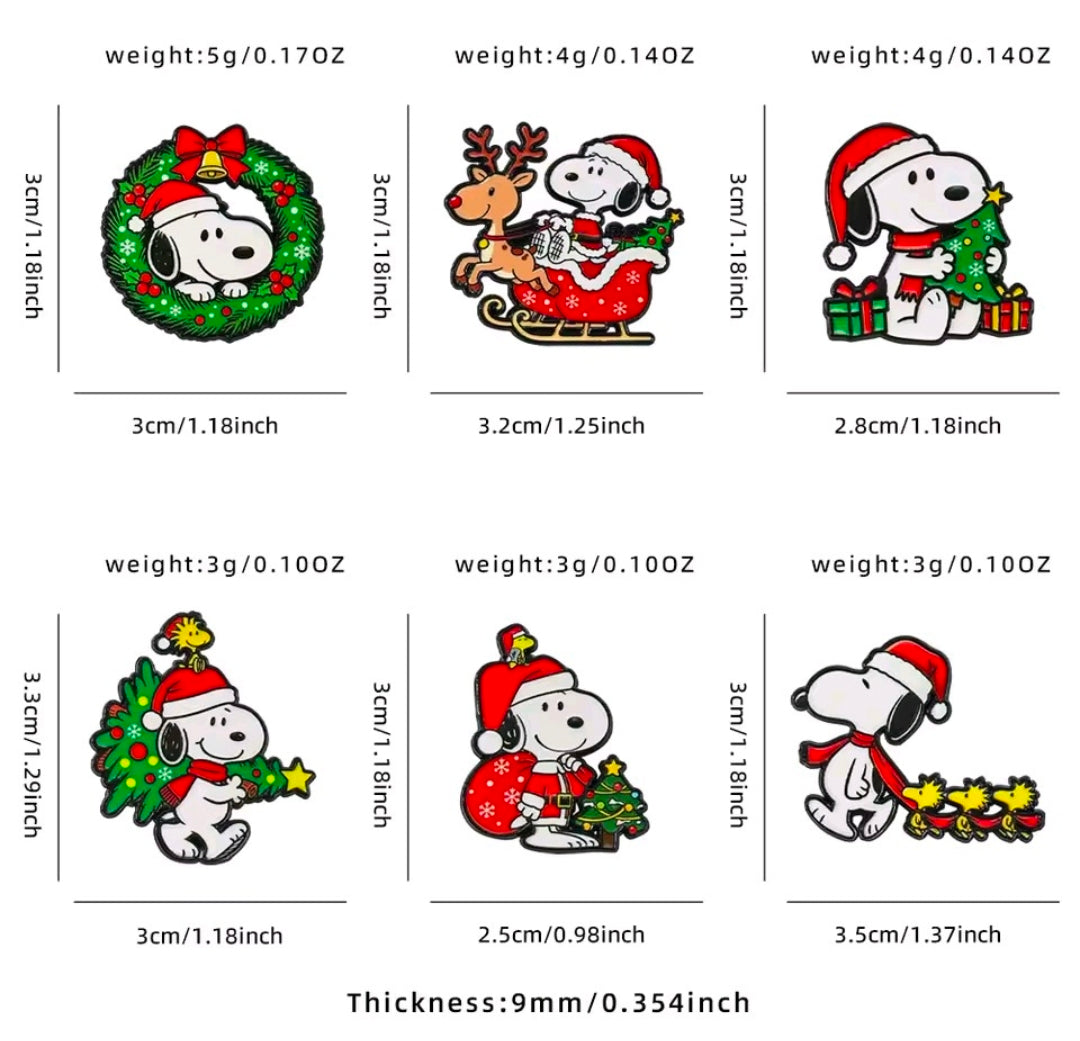 Snoopy Christmas enamel pin set, wreath, sleigh, Santa sack, tree and gifts designs