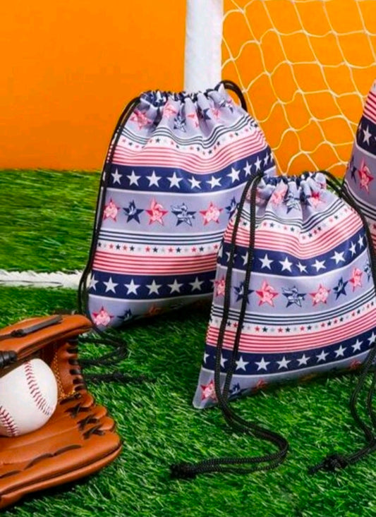 Patriotic drawstring bag set with two pouches, star-and-stripe print and black cords