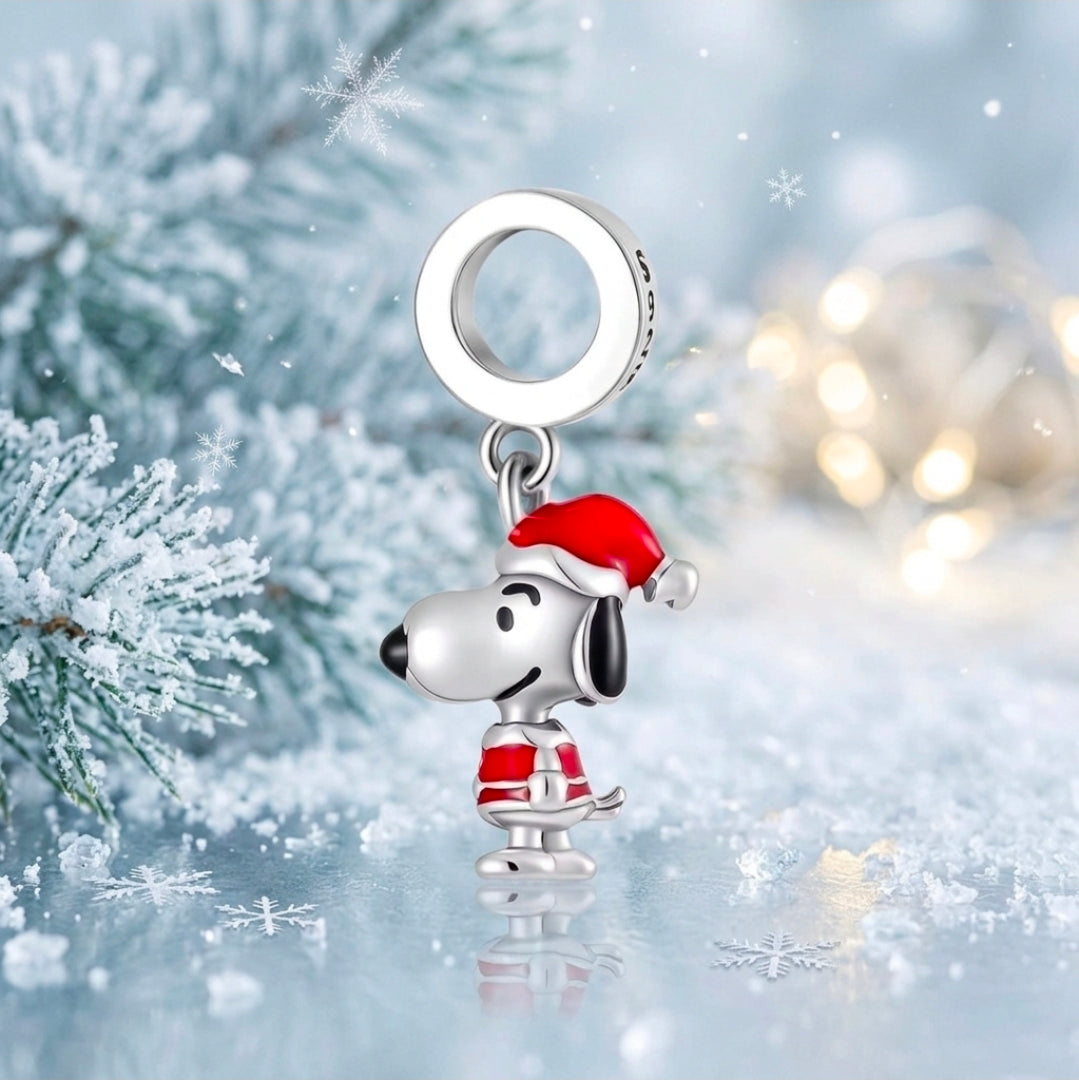 Sterling silver Snoopy Santa dangle charm with red Santa hat