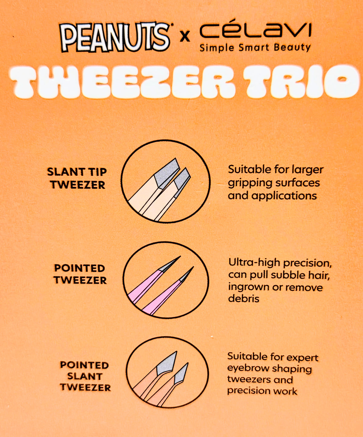 Tweezers trio card showing slant and pointed tip tweezers with precision icons.