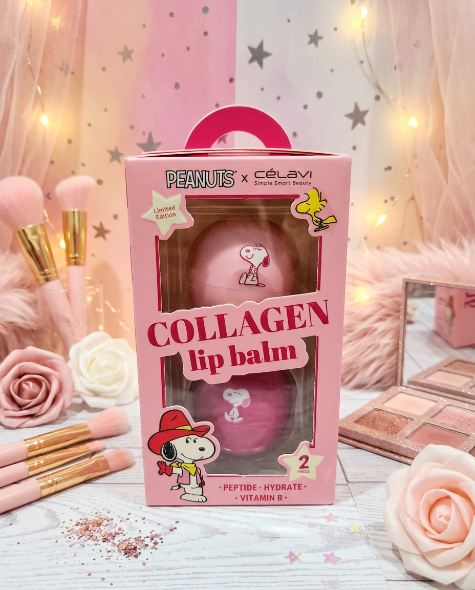 Pink collagen lip balm box with Snoopy character and heart-shaped window