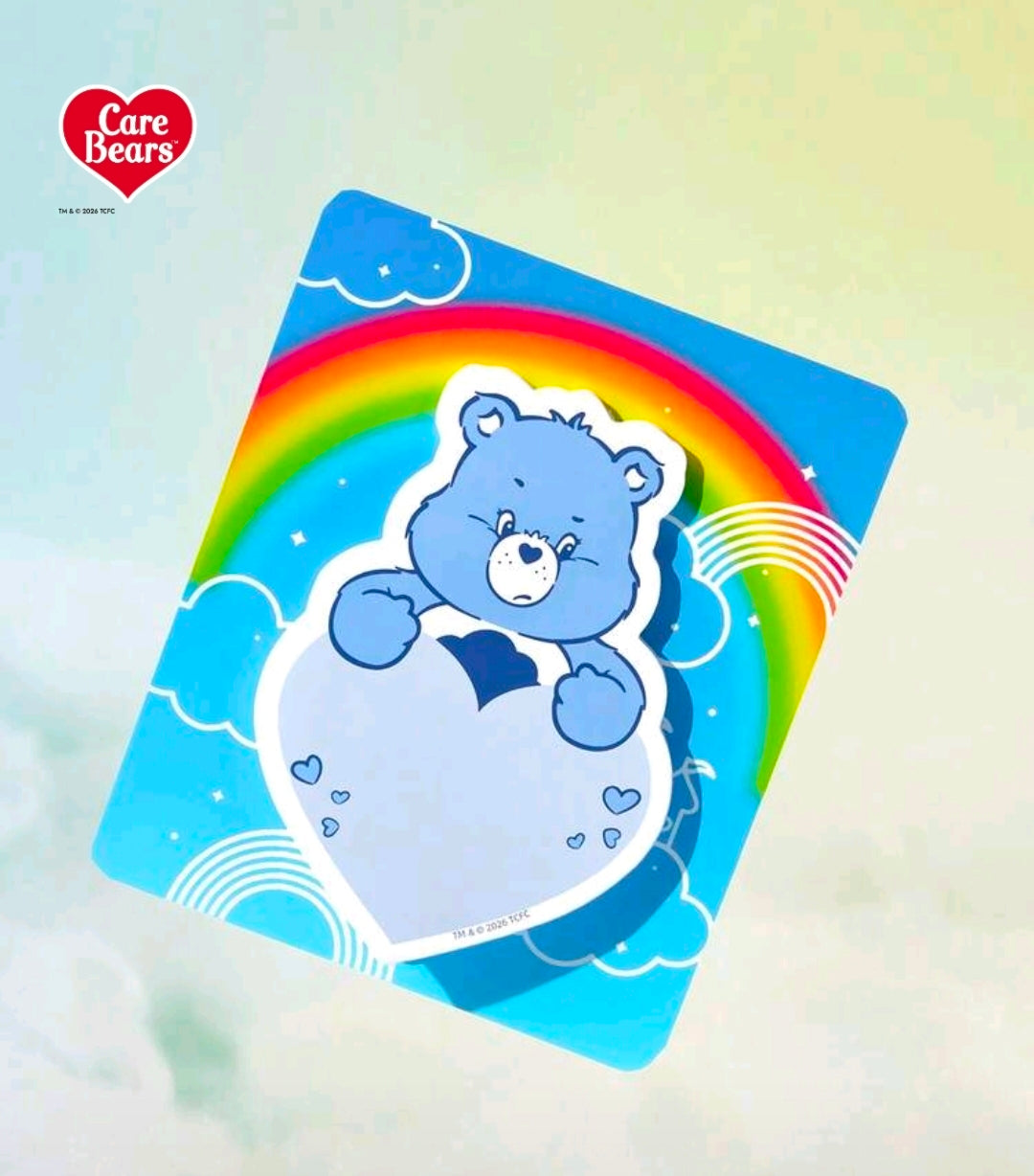 Care Bears heart-shaped sticky note pad with blue bear die-cut in rainbows