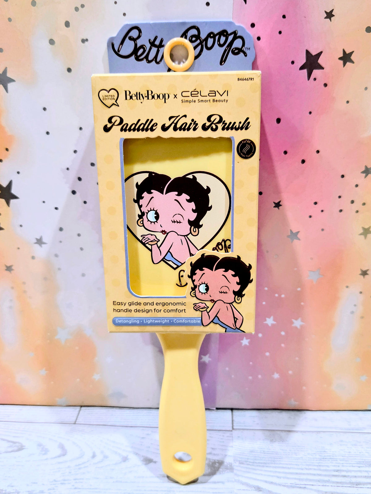 Celavi Betty Boop paddle hair brush in box, showing pink cartoon bristle design