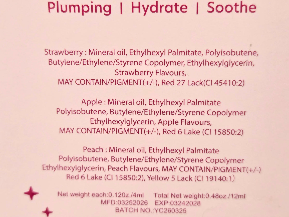 Back of PEANUTS smoothing lip oil gift set with ingredient label
