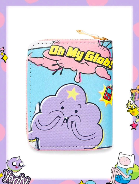 Zip wallet with light blue and pink cartoon print, purple cloud character, gold zipper.