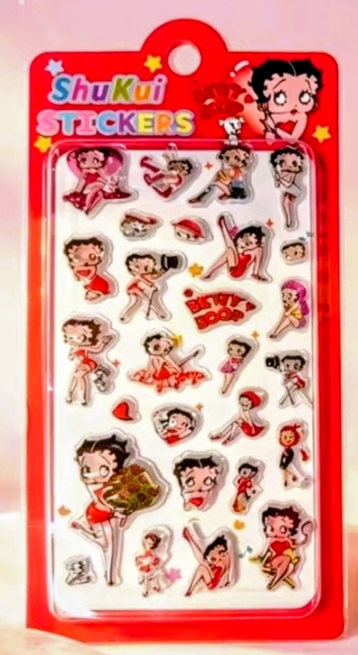 Betty Boop sticker sheet featuring full-body figures, bows, and hearts