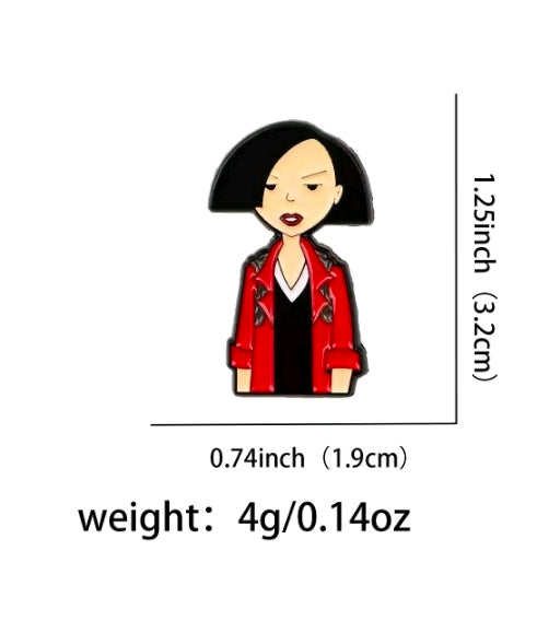 Enamel character pin of Jane in a red jacket with black bob hair.