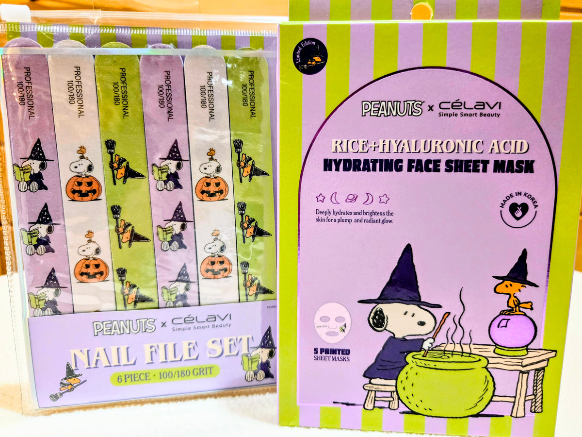 Peanuts x Celavi Halloween gift set with 5 sheet masks and 6-piece nail file set