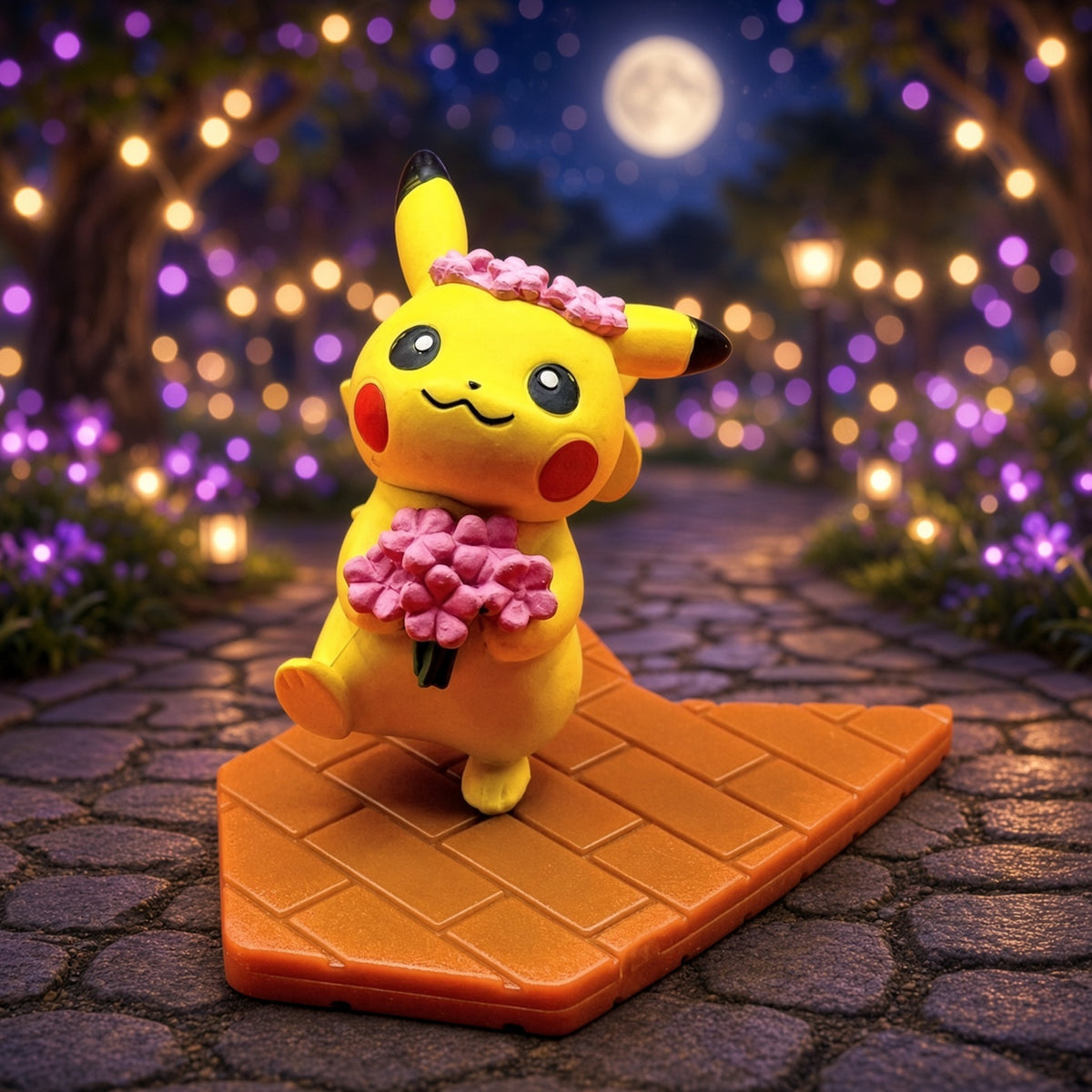 Pikachu mini figure with pink flower garland, sitting on orange-brown brick base