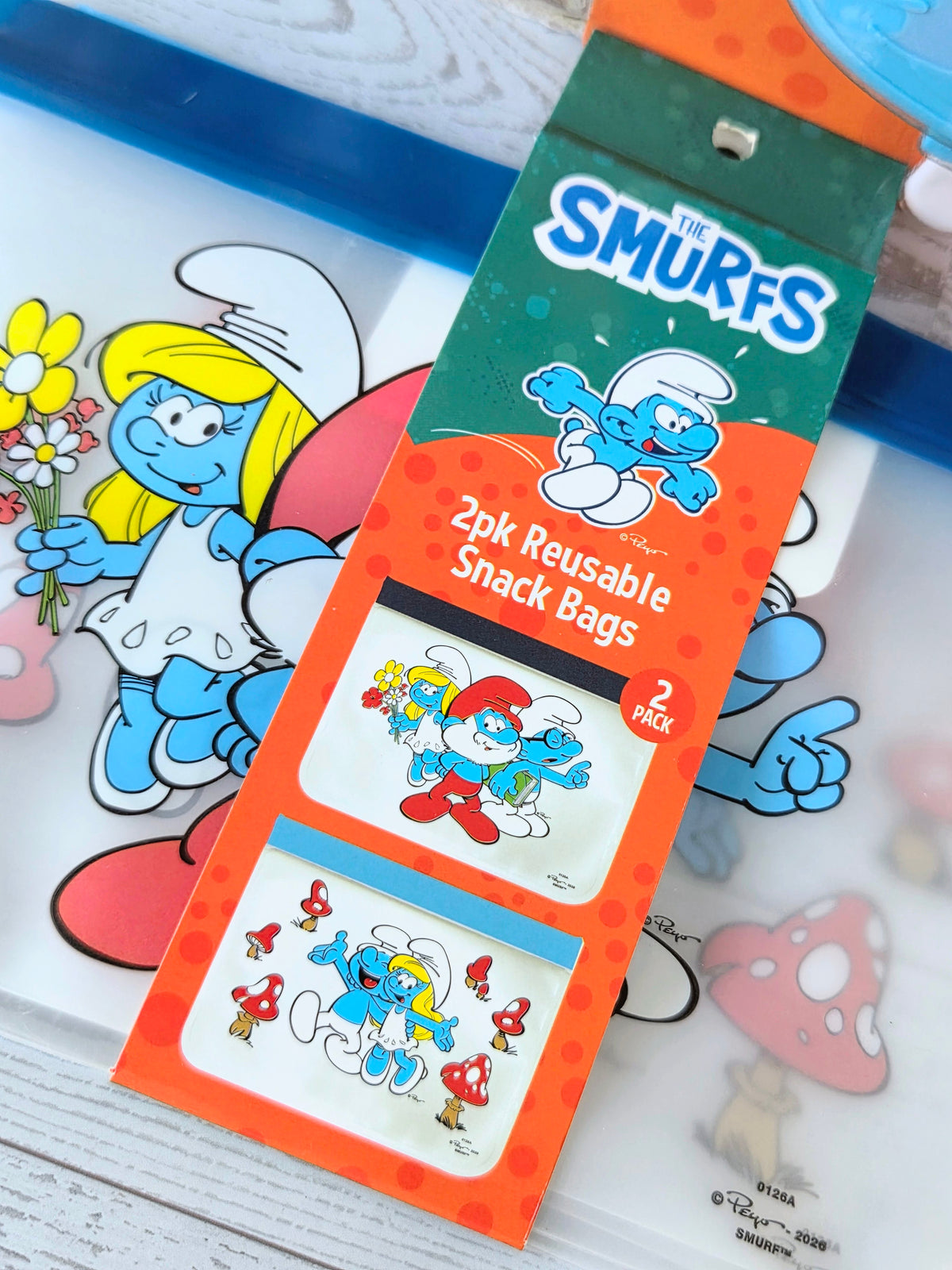 Smurfs 2-pack reusable snack bags in orange and blue with character prints
