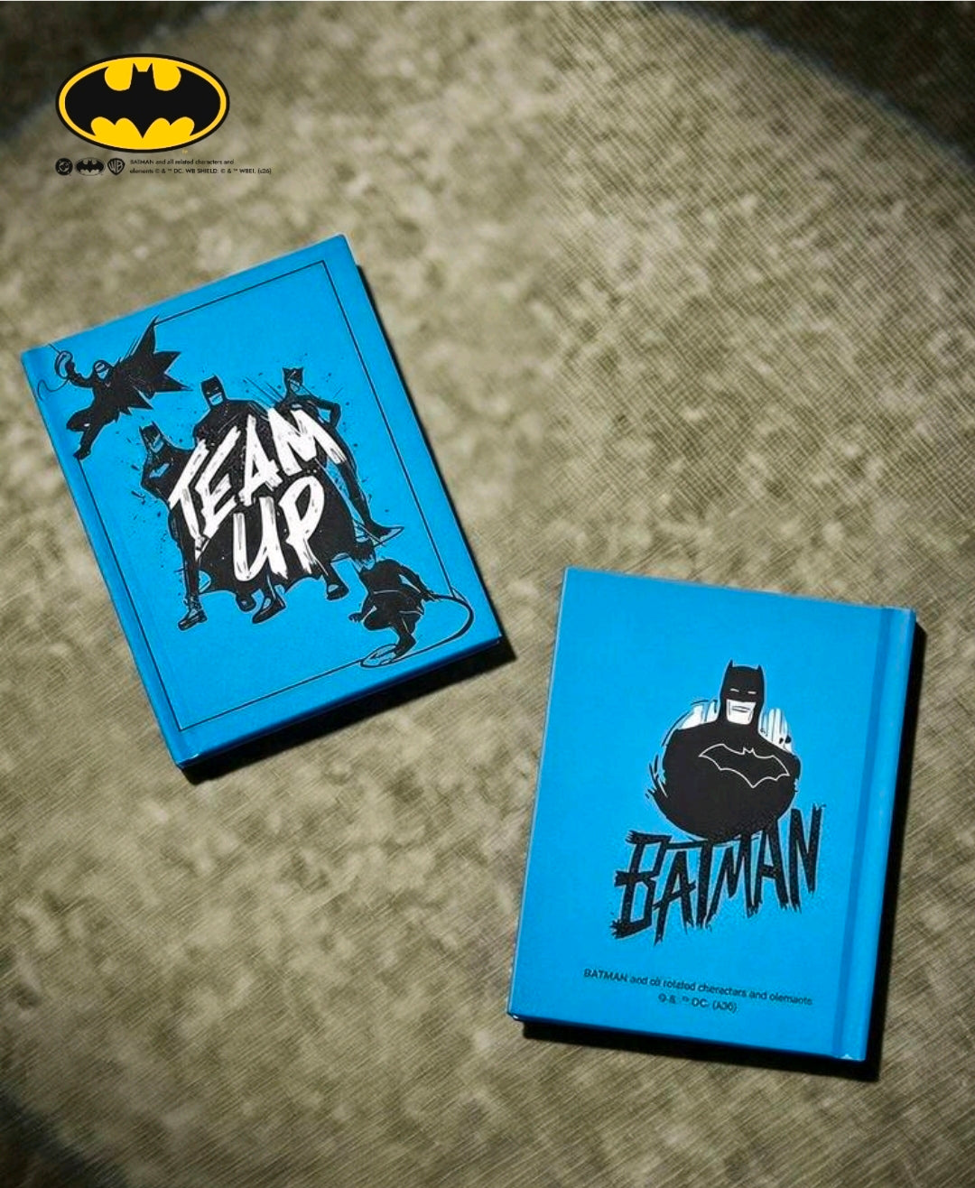Blue hardcover journal notebook with Batman graphic on front cover