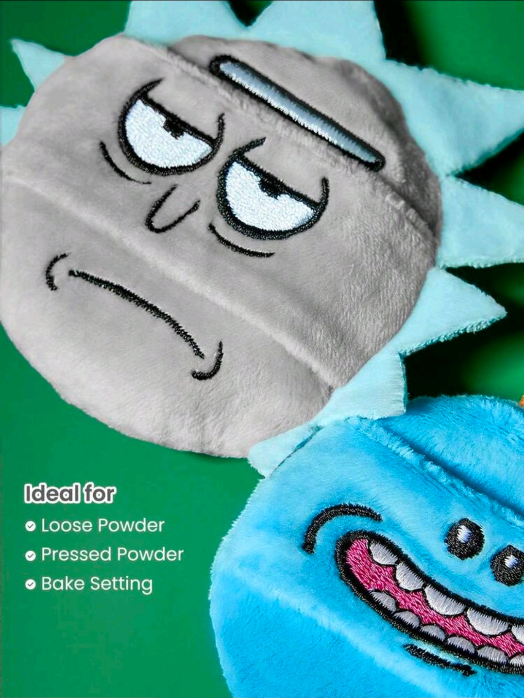 Gray and blue plush character powder puffs side by side with stitched cartoon faces.