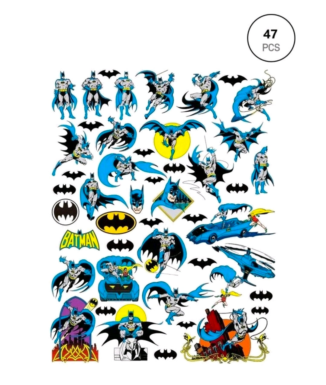 Batman sticker sheet with 47 pieces of characters, bats, and Batmobile