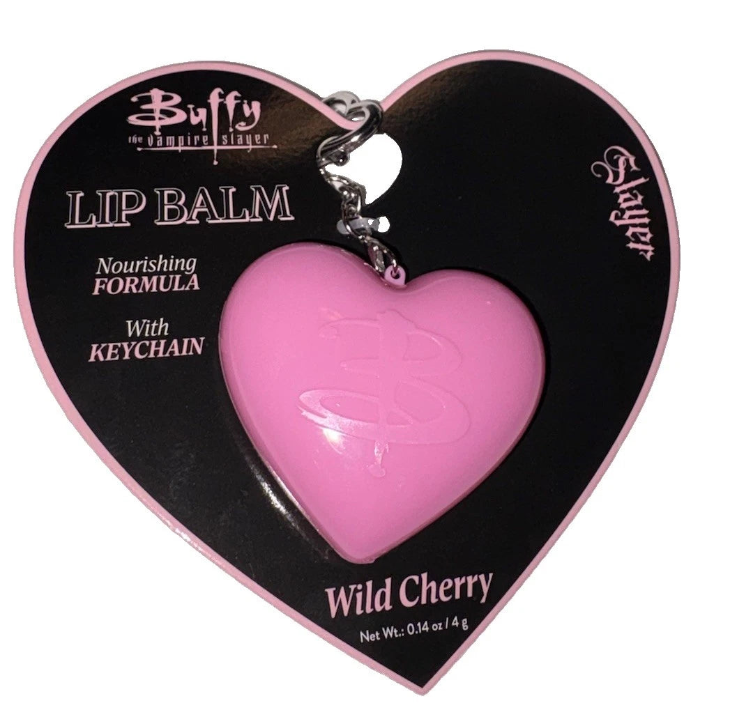 Pink Wild Cherry lip balm heart keychain with silver clasp and ring