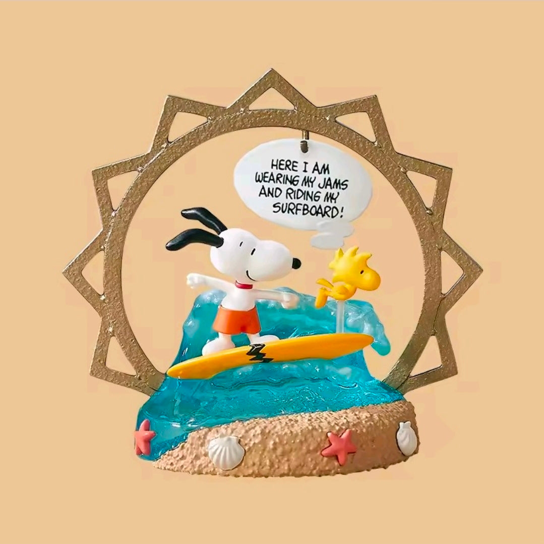 Peanuts Snoopy sun frame art figure: Snoopy surfing on a blue wave