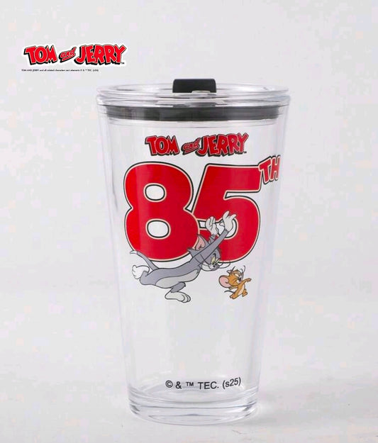 Clear glass tumbler with black lid, Tom & Jerry 85 front design