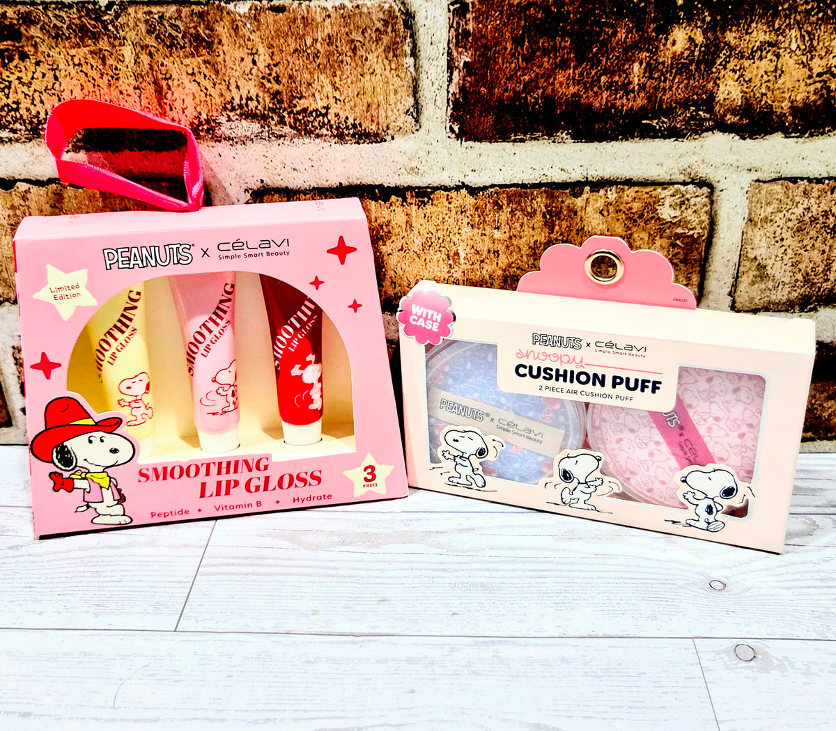 Peanuts x Celavi Snoopy cowboy lip gloss and cushion puff gift set in pink packaging