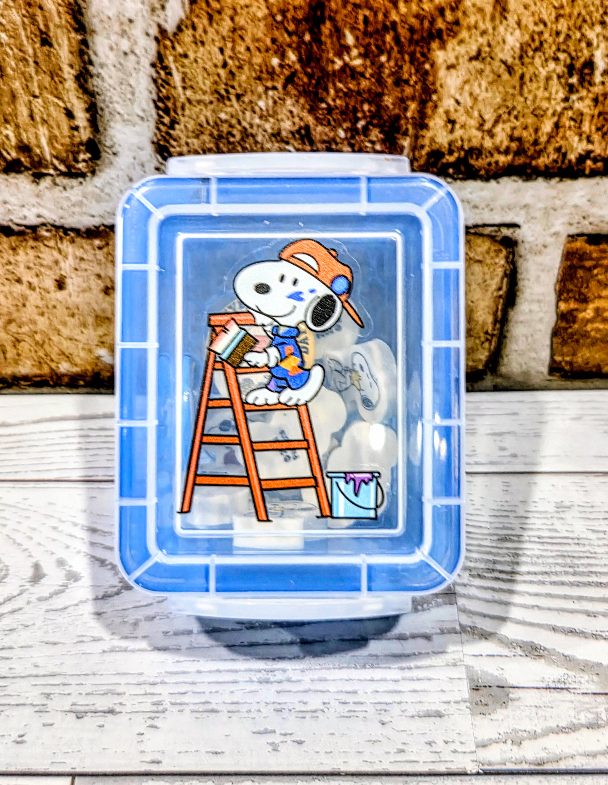 Mini desktop organizer box with blue transparent sides and Snoopy character art