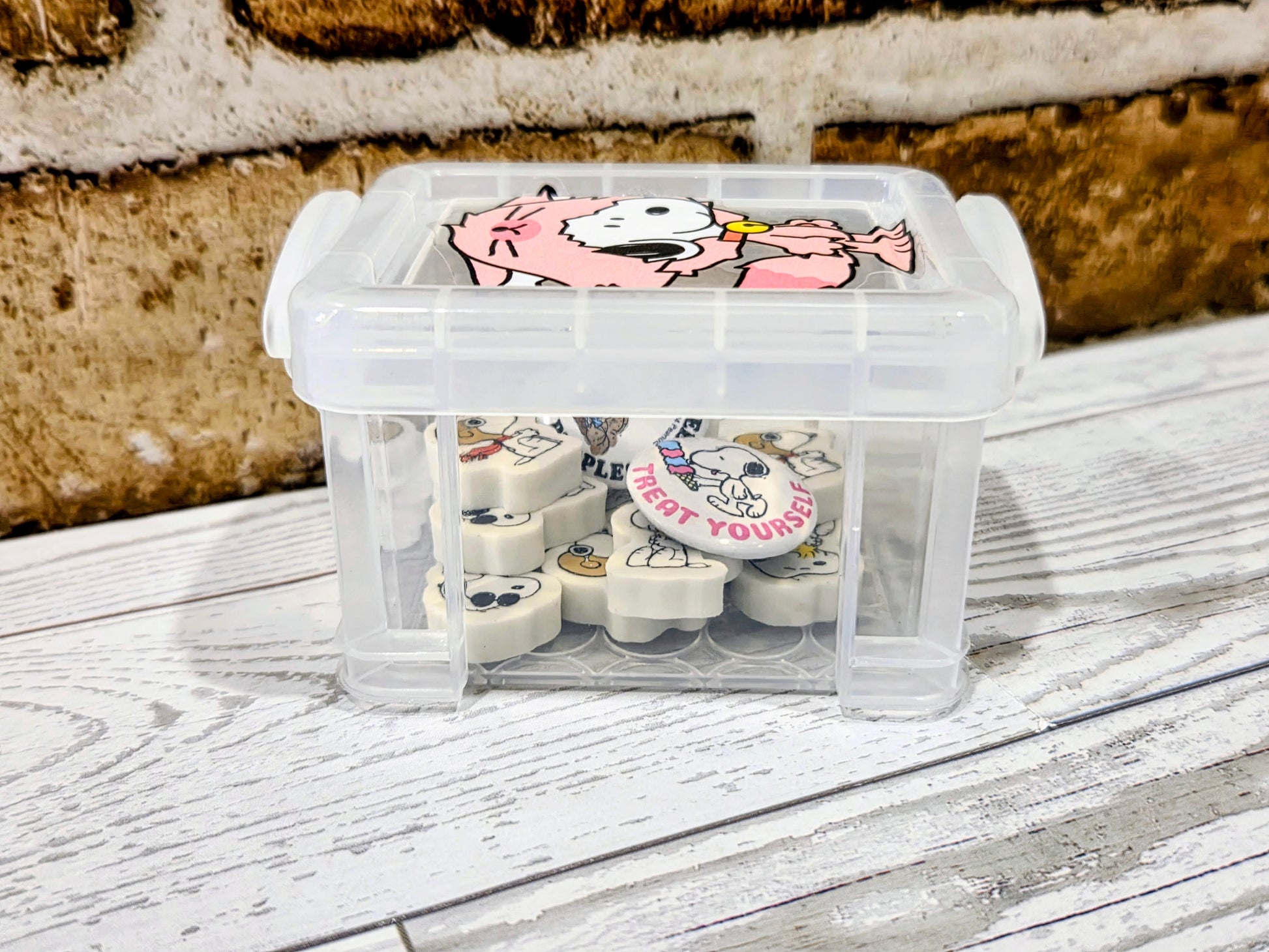 Clear mini organizer box with Snoopy character lid graphic and eraser pieces inside