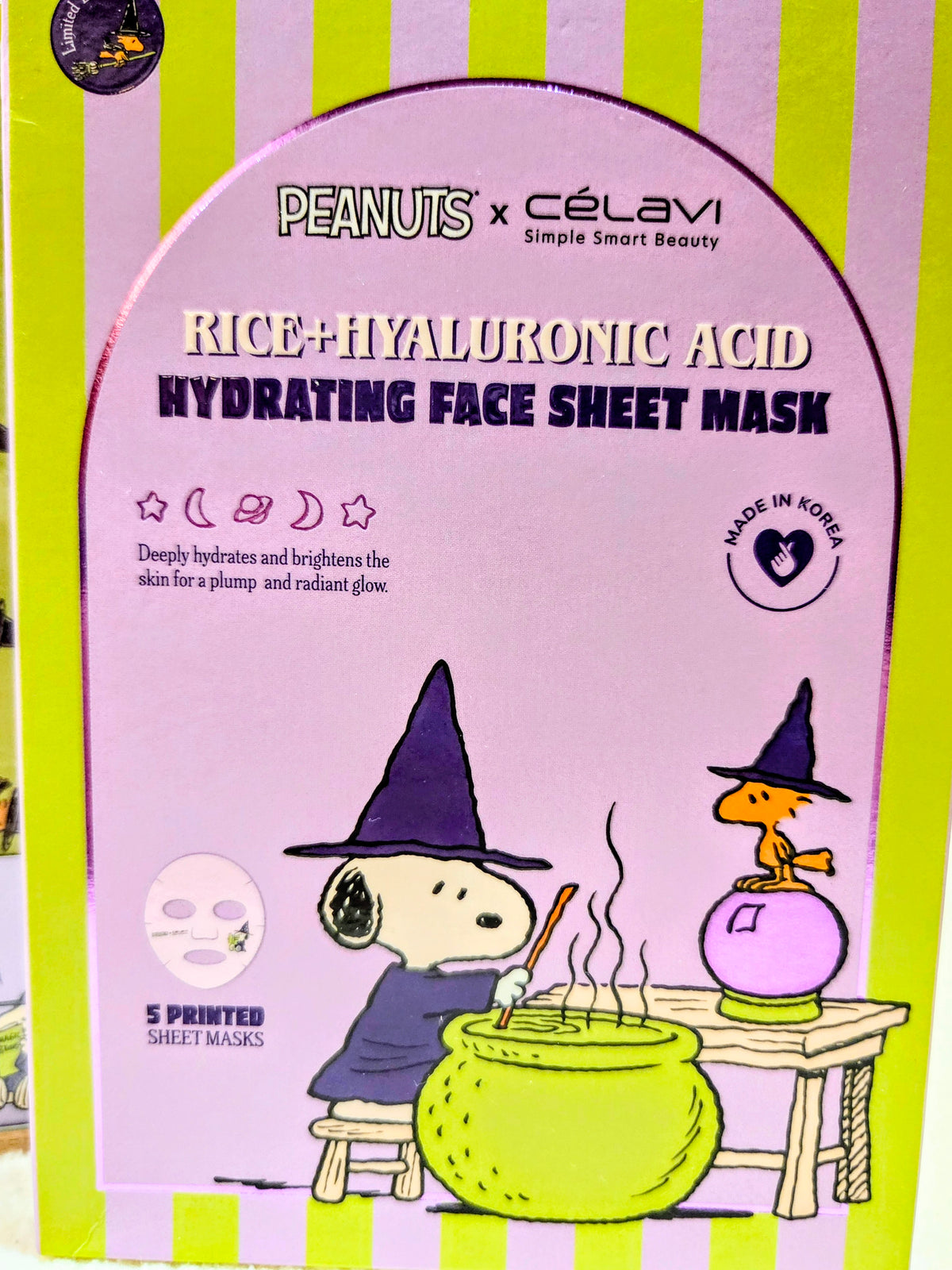 Peanuts x Celavi rice-hyaluronic face sheet mask pack, 5 Snoopy witch designs