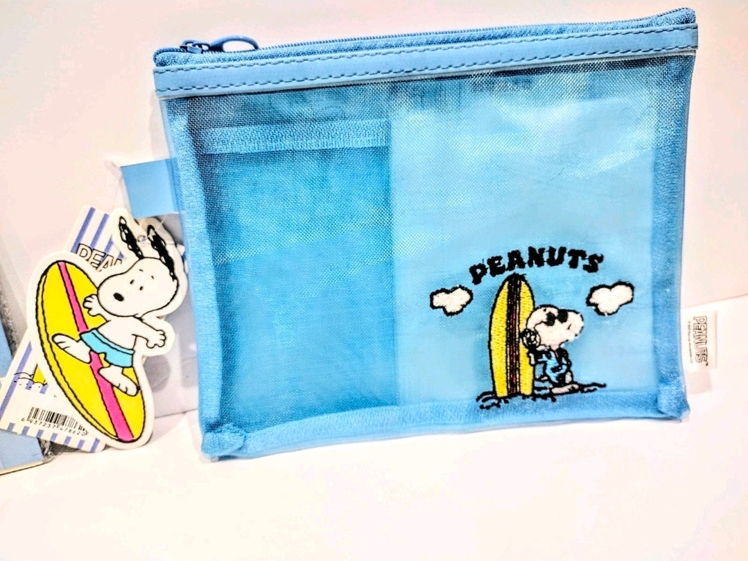 Blue mesh zipper pouch with Peanuts Snoopy surfing graphic and “PEANUTS” text