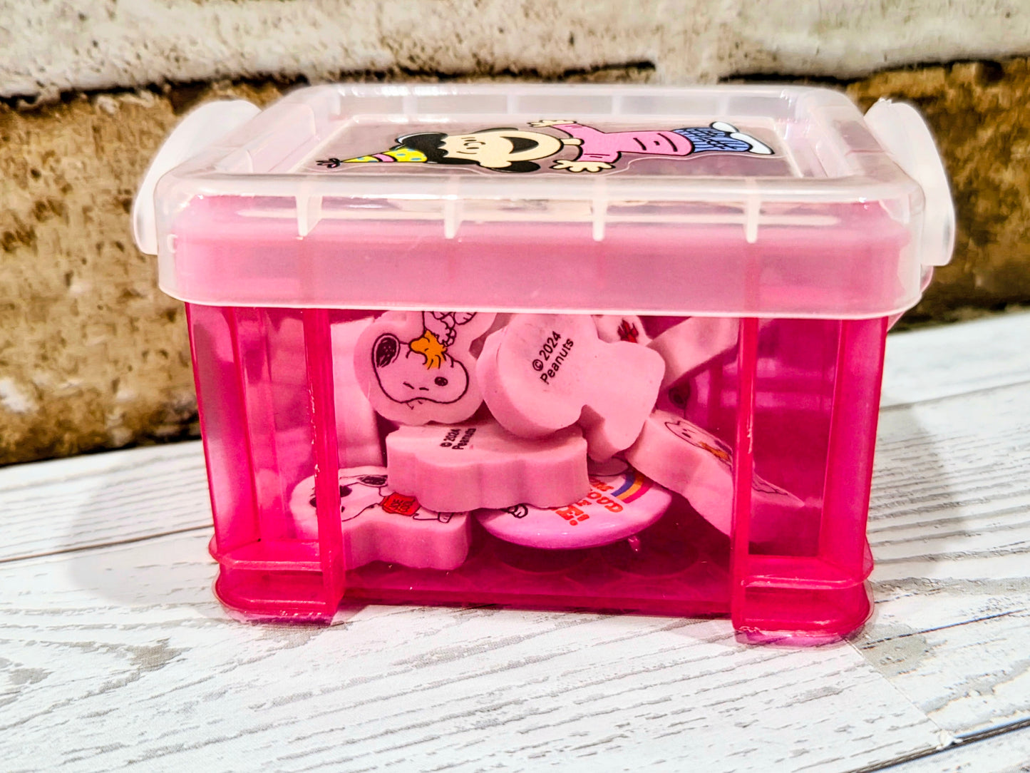 Mini Snoopy Pink Desktop Organizer Box w/ 12 Erasers & 2 Pins Lucy Peanuts NEW 🐾