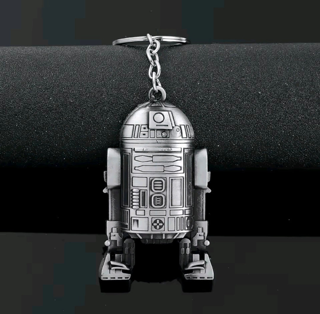 R2-D2 antique silver metal keychain droid figure, front view with hanging chain
