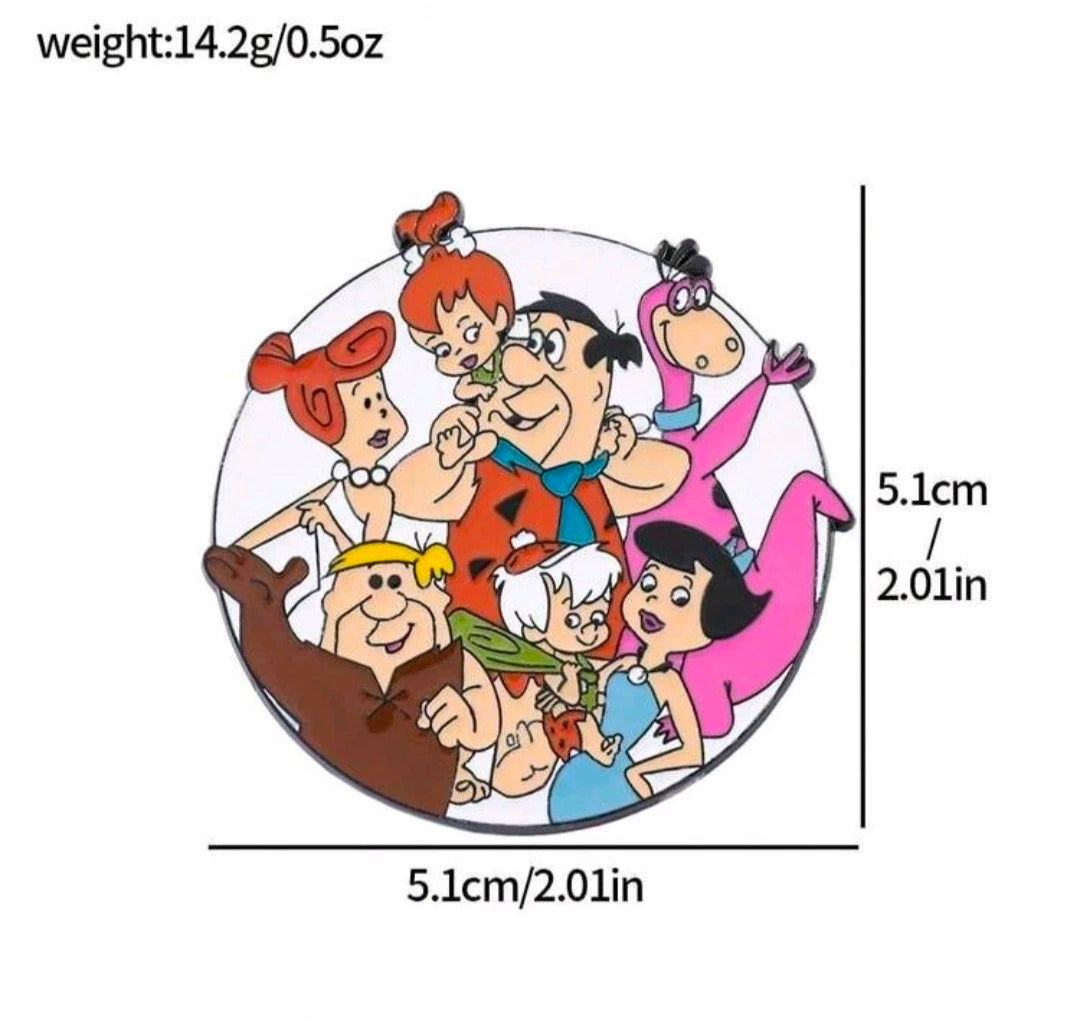 Round enamel pin brooch showing The Flintstones family cartoon scene in a circular design