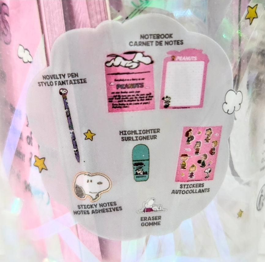 Snoopy stationery gift set in a bag: notebook, pen, highlighter, sticky notes, stickers, eraser.