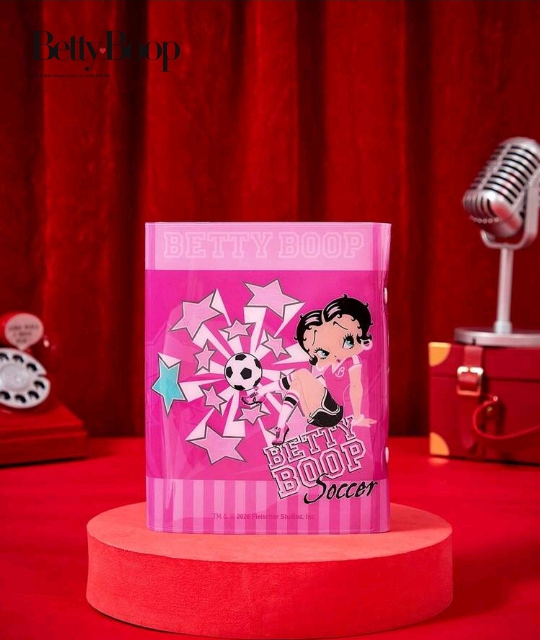 A7 ring binder photo album front cover in pink with Betty Boop Soccer artwork and stars