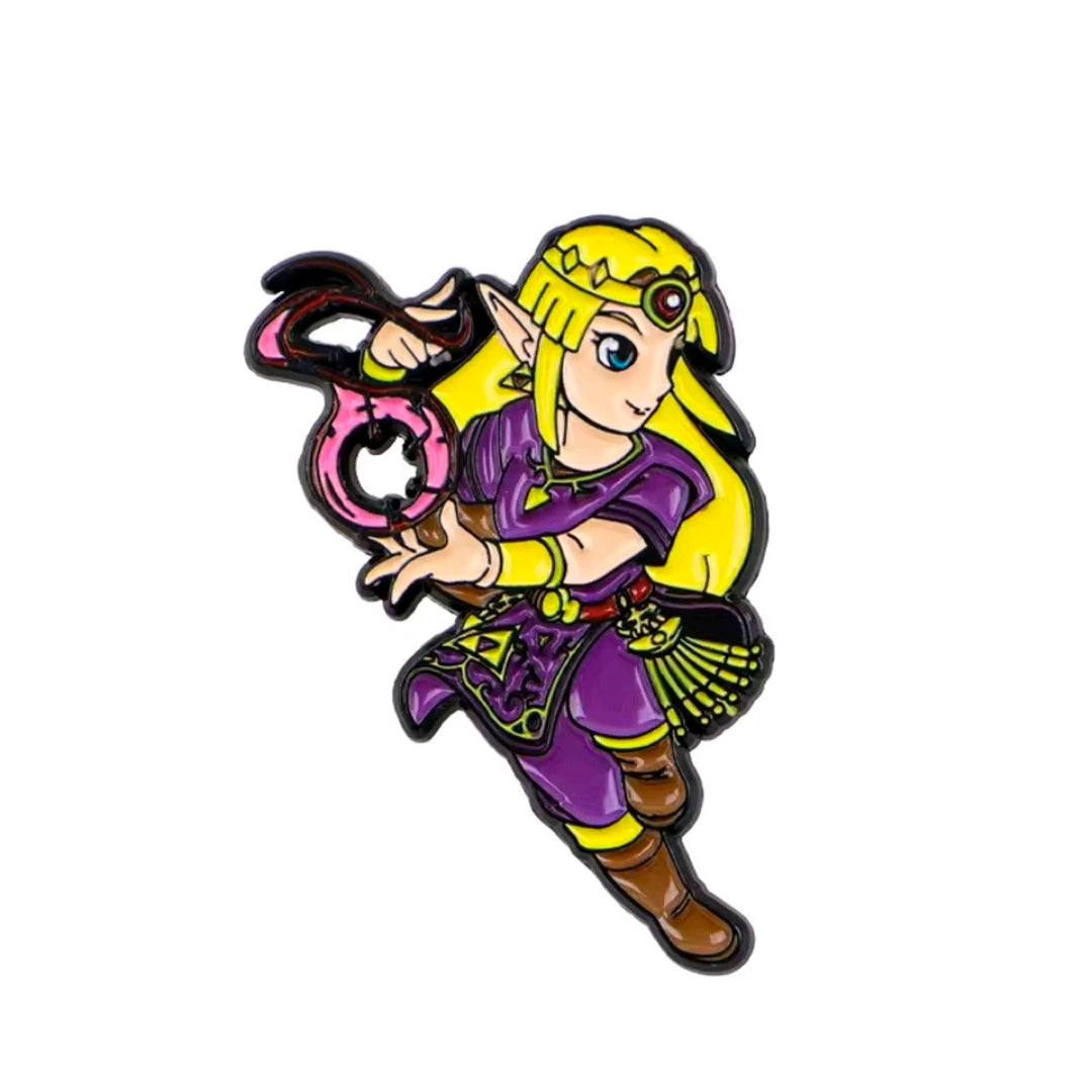 Zelda enamel pin with blonde hair, purple dress, and pink magic orb