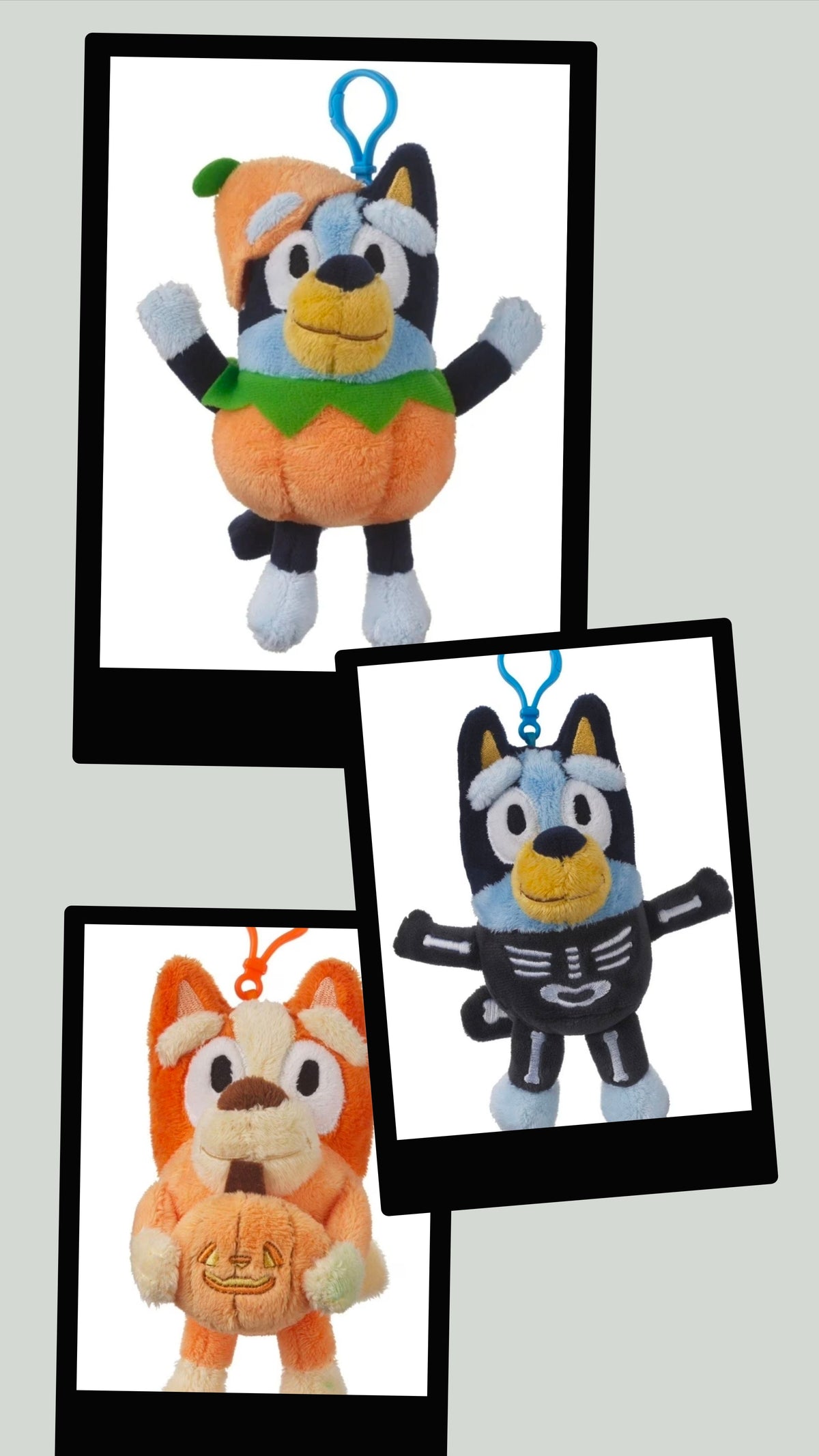 3-piece Halloween plush keychain set with Bluey characters in pumpkin, skeleton, and witch outfits